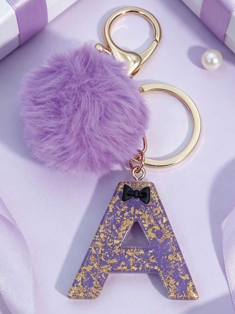 Minimalist Cute Initial Keychain A-Z Women's Bag Charm Black Bow Purple Pom Pom Key Chain Daily Wear Gift Accessory