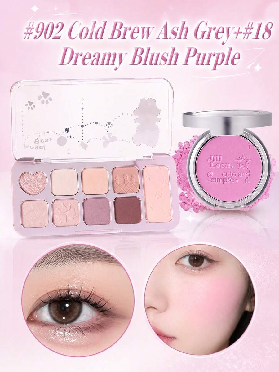 Bảng phấn mắt 9 màu JILL LEEN 902 + Phấn má hồng 18, chất lì, nhũ, ánh kim, kết cấu nhung, dễ chồng lớp, sắc tố đậm, tông màu đất trung tính, phù hợp đi làm hàng ngày, hẹn hò và tiệc tối - Phấn mắt#902+Phấn má#18 - Xem 1