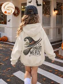 [Halloween]Tween Girl 1pc Thermal Lined Thick Witch Hat Hooded Sweatshirt, Warm Long Sleeve Top For Young Students, Kids Autumn/Winter - Apricot - View 1