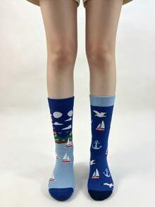 1 Pasang Kaos Kaki Asimetris Wanita Setinggi Betis, Motif Mercusuar, Burung Camar, dan Perahu Layar Gaya Bahari, Kaos Kaki Kasual Desain AB yang Dipersonalisasi - MultiWarna - View 3