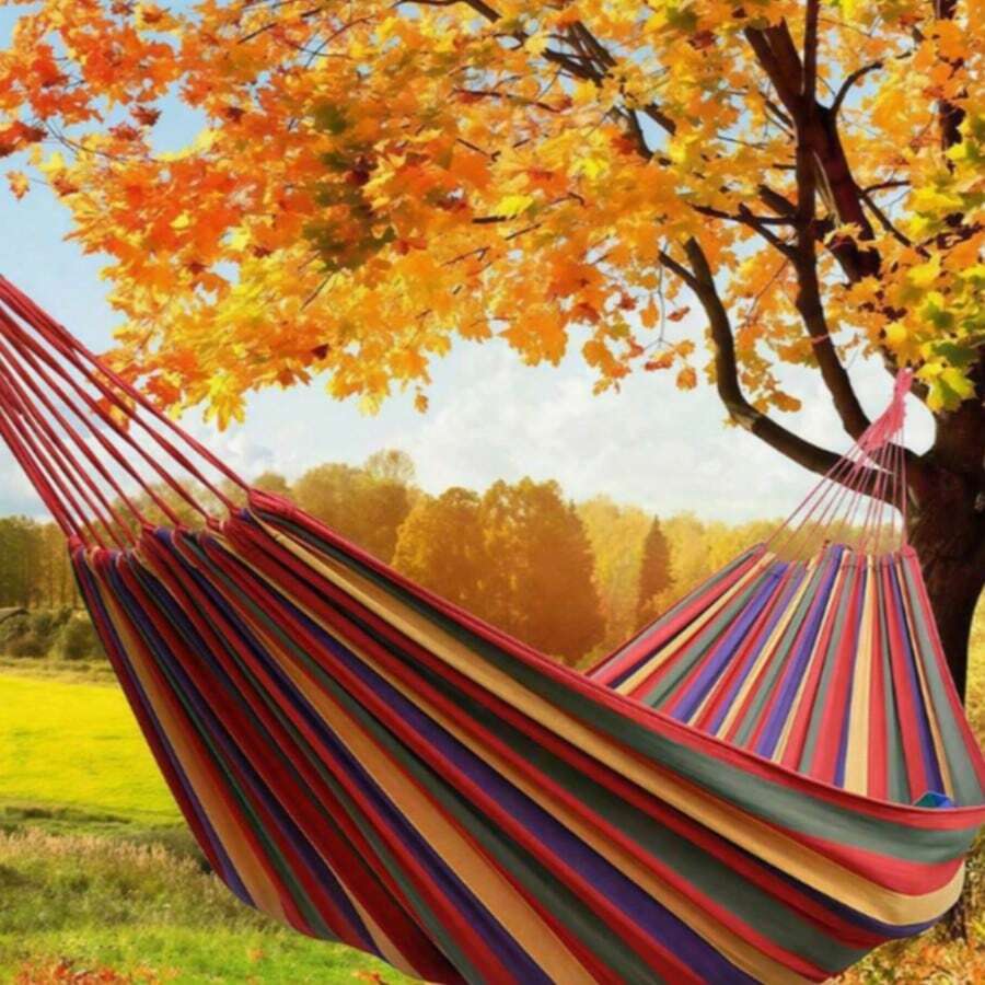Outdoor Camping Hammock For Adults, Single Person, Thickened Canvas Swing Net Bed, Anti-Tip, Striped Design (Random Color Storage Bag) - Multicolor - View 1