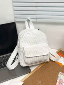 Fashionable And Versatile Solid Color Corduroy Laptop Work Backpack For Women, Mini Water Resistant Campus Daypack For High School College, - White - View 3