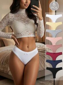 8pcs Solid Color Lace Patchwork Bow Ribbed Cotton Women's Thong Panties, Romantic Sexy - Multicolor - View 2