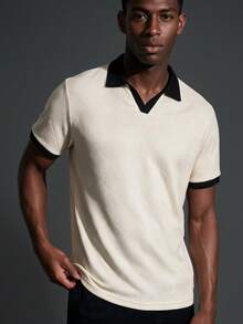 Camvyn Men's Solid Color Jacquard Patchwork Slim Fit Regular Shoulder Airplane Collar Short Sleeve Polo Shirt - Apricot - View 2