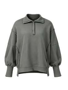 European Women's Fashion Casual Design Split Hem Lantern Sleeve Polo Collar Loose Sweatshirt - Grey - View 2