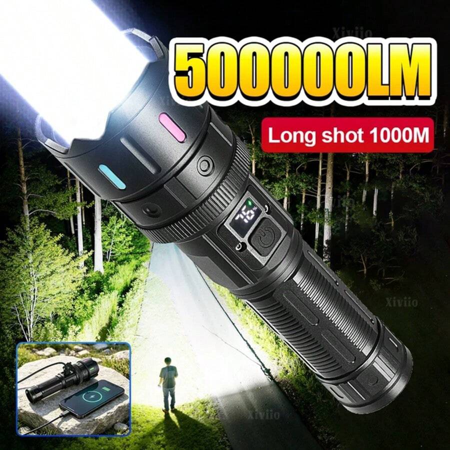 500000LM LED Flashlight, Long Shot 1000M 30W Tactical Torch, Zoomable IPX4 Waterproof Flash Light With Power Bank Function, 5 Light Modes, Digital Power Display For Camping Hiking Emergency