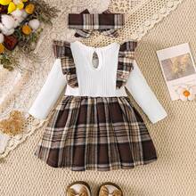 2pcs/Set Baby Girl Ruffle Hem Plaid Patchwork Dress And Headband, Cute Spring/Autumn Dress - Brown - View 2