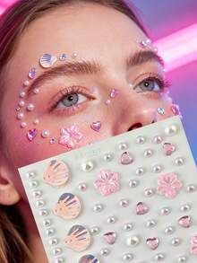 1pc Holographic Iridescent Shell Flower Face Rhinestone Sticker, Pink Heart Rhinestone Pearl Self-Adhesive Face & Body Glitter, Mermaid Makeup Crystal Accessory, Suitable For EDM Festival, Beach Party, Halloween Fairy Costume Makeup - Multicolor - View 10
