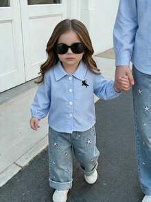 2pcs Baby Girl Casual Sweet & Cool Striped Shirt & Embroidered Denim Jeans Set, Thin Spring/Autumn - Light Wash - View 1