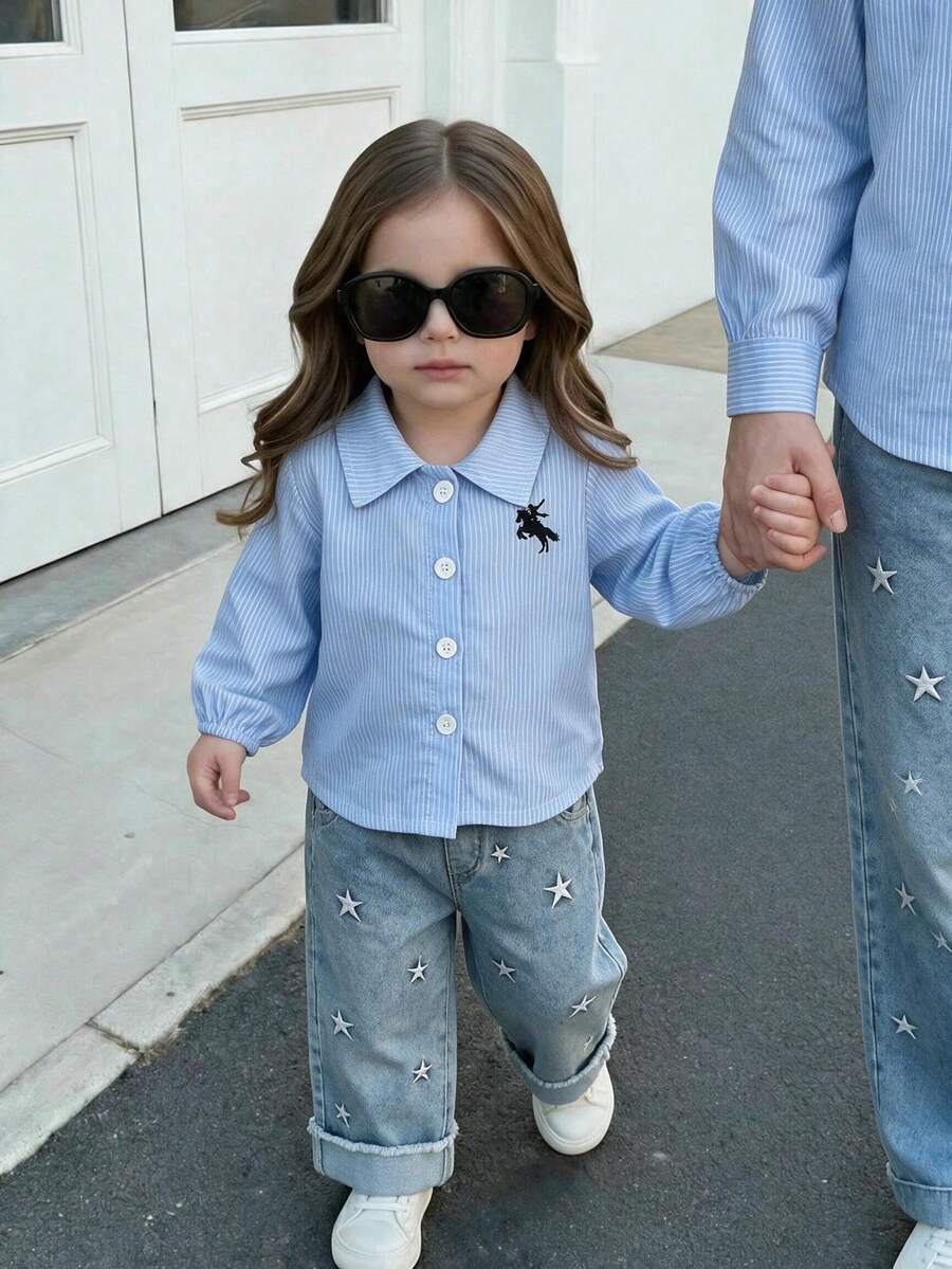 2pcs Baby Girl Casual Sweet & Cool Striped Shirt & Embroidered Denim Jeans Set, Thin Spring/Autumn - Light Wash - View 1
