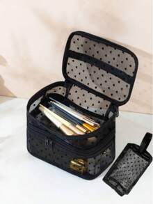 1pc Mesh Makeup Bag Double Layer Heart Pattern Large Capacity Storage Bag Fashionable Toiletry Cosmetic Bag - Black - View 4