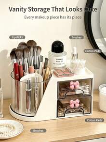 2pcs/1pc Cute Bow Makeup Organizer With Rotating Brush Holder, Large Capacity Cosmetic Storage Drawer, Desktop Vanity Display Case For Lipstick Brushes Jewelry, Bedroom Bathroom Dresser Countertop Storage Container - View 8