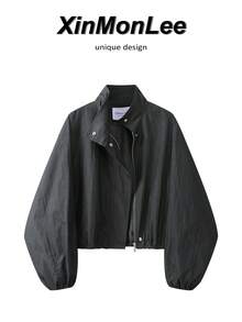 Chaqueta corta elegante de estilo coreano francés minimalista con cremallera, manga larga, casual para uso diario, citas, primavera/otoño, vacaciones, viajes - Gris Oscuro - Ver 1