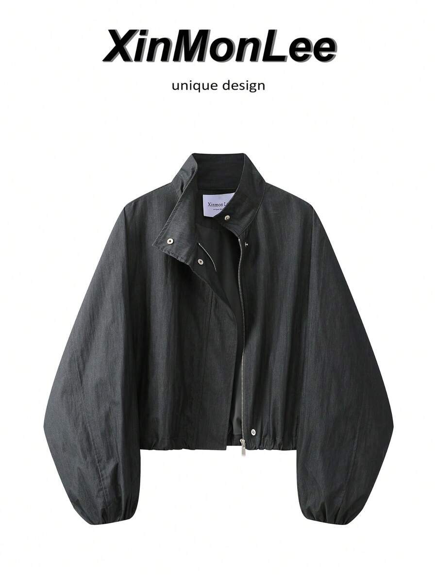 Chaqueta corta elegante de estilo coreano francés minimalista con cremallera, manga larga, casual para uso diario, citas, primavera/otoño, vacaciones, viajes - Gris Oscuro - Ver 1