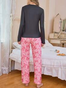 Women's Pajama Set, Round Neck Long Sleeve Bow Print Top And Loose Pants, 2 Pieces Casual Loungewear Set For Spring And Autumn - Pink - View 2