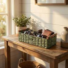Mori Style Paper Rope Woven Storage Basket With Solid Wood Handle, Bathroom Toilet Countertop Toiletry Organizer Bin, Wabi-Sabi Natural Rustic Minimalist Desktop Decor Organizing Tray For Living Room, Kitchen, Bedroom, Office, Ideal Gift - Multicolor - View 4