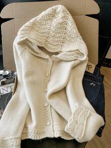 Women's Autumn/Winter Knitted Hollow Out Hooded Cardigan, Unique Niche Design, Versatile Daily Long Sleeve Sweater Jacket - Apricot - View 1