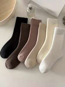 6 Pairs Women's Solid Color Thick Warm Casual Versatile Wool Blend Mid-Calf Socks, Winter - Multicolor - View 4