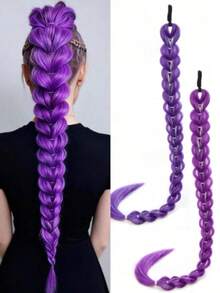 Long Braided Purple Wig With Gold Thread Hair Ring Synthetic Hairpiece Suitable For Women's Daily Wear, Decoration, And Parties - Multicolor - View 1
