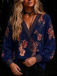 Women's Bohemian Print V-Neck Long Sleeve Blouse, Regular Fit Woven Fabric, Suitable For Autumn - Navy Blue - View 3