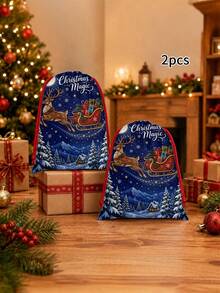 2pcs Dark Blue Christmas Magic Reindeer & Sleigh Print Gift Wrapping Bags, Holiday Style Fabric Large Rectangular With Drawstring Closure Decorative Present Bags For Christmas Gifts, Party Favors & Holiday Decor - Blue - View 5