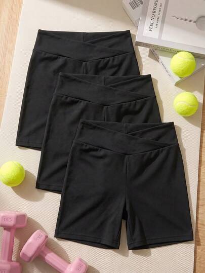 3 PiecesGirls' Solid Color Knitted Casual Sports Shorts (YY783)
