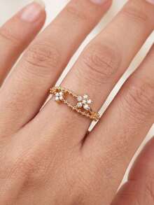 Gift Box Elegant Floral Cubic Zirconia Ring Sweet Fashion Jewelry Non-Fading Hypoallergenic Suitable For Women's Daily Wear Or Holiday Gift - Gold - View 5