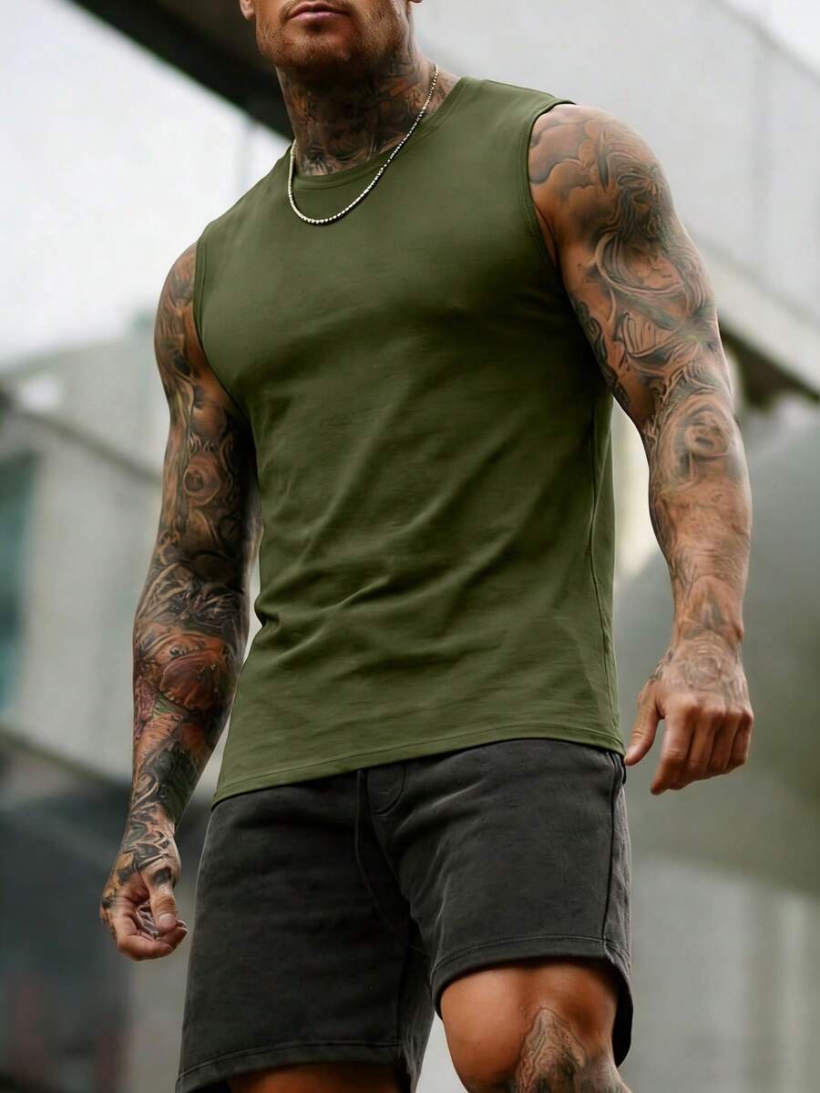 Camiseta de tirantes deportiva de cuello redondo con gráfico #23, de moda y versátil, para hombre, de verano - Verde militar - Ver 1