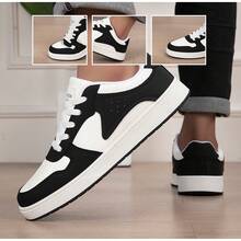 Men's Low-Top Lace-Up Casual Sneakers With Colorblock Design, Suitable For All Seasons, Daily Wear, Commuting And Outdoor Use - White/Black - View 2