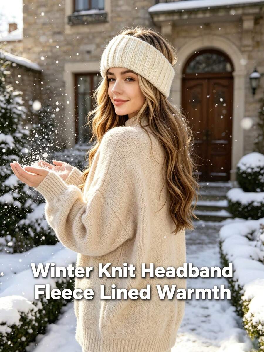 meetsunny 1pc Women's Winter Knitted Headband, Thick Fleece Lining Ear Protection Warm, Windproof Warm Headwear, Suitable For Cold Weather Outdoor Sports Cycling - Multicolor - View 1