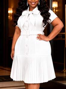 Plus Size White Midi Dress Bow Tie Collar Short Sleeve Button Front Pleated Hem With Belt Elegant Church Office Work Wear - White - View 9