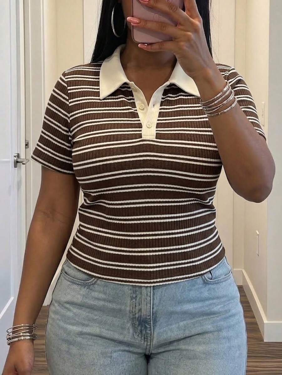 BIUBIU Atasan Polo Rajut Bergaris Chic untuk Wanita Ukuran Plus dengan Lengan Pendek, Panjang Reguler, Detail Kancing, dan Kain Elastis Sedang untuk Pemakaian Sehari-hari - Coklat - View 1