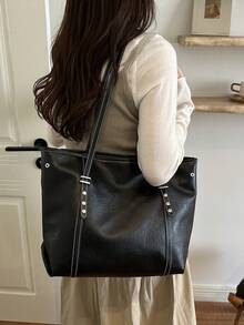 Minimalist Large Capacity Tote Bag For Women, Versatile Shoulder Bag For Commuting, Shopping, Work, Simple Style Soft Surface Tote - Black - View 3