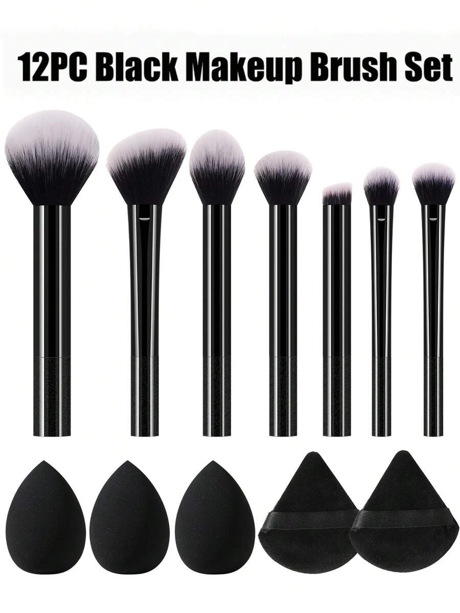 7/12Pcs Black Cosmetic Makeup Tool Set,7Pcs Premium Soft Makeup Brushes For Eyeshadow,Foundation,Blush & Contour,3Pcs Makeup Sponges,2Pcs Triangle Powder Puffs,Multi‑Functional Face Makeup Applicator Collection For Daily Use - Black - View 1
