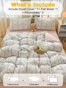 Vintage Romantic Floral Bedding Set, Synthetic Fiber, Includes 1 Duvet Cover, 1 Bed Sheet, 2 Pillowcases, Does Not Include Duvet Insert And Pillow Insert, Pillowcase Pattern Randomly Cut, - Pink - View 4