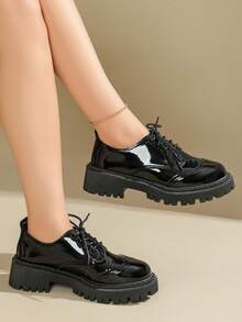 1 Pair Girls Black Glossy Lace-Up Thick Sole Loafers, Fashionable School Style Comfortable Versatile Shoes - Black - View 1