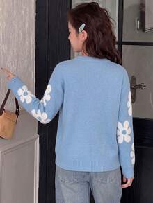 Sweater Rajut Lengan Panjang Leher Bulat Motif Bunga Manis untuk Anak Perempuan, Cocok untuk Musim Gugur dan Musim Dingin, Kasual, Hangat. - Biru - View 7