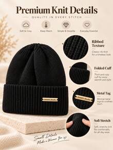 1pc Classic Metal Tag Knit Beanie, Unisex Solid Color Ribbed Rolled Edge Brimless Casual Hat, Soft & Warm For Autumn/Winter Daily Wear - Metal Logo Solid Color - View 3