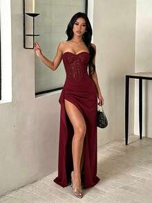 1pc Solid Color Elegant Knitted Fabric Dress For Wedding Summer - Burgundy - View 2