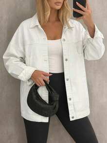 White Loose Long Denim Jacket With Turn-Down Collar, American Retro Single-Breasted Large Pockets Drop Shoulder Casual Jacket, Autumn New Clothing Outfit - White - View 8