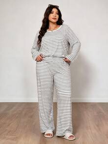 Plus Size Women's Casual Long Sleeve Top And Pants Pajama Set, 2-Piece Set, Suitable For Autumn/Winter Home Wear - White - View 1
