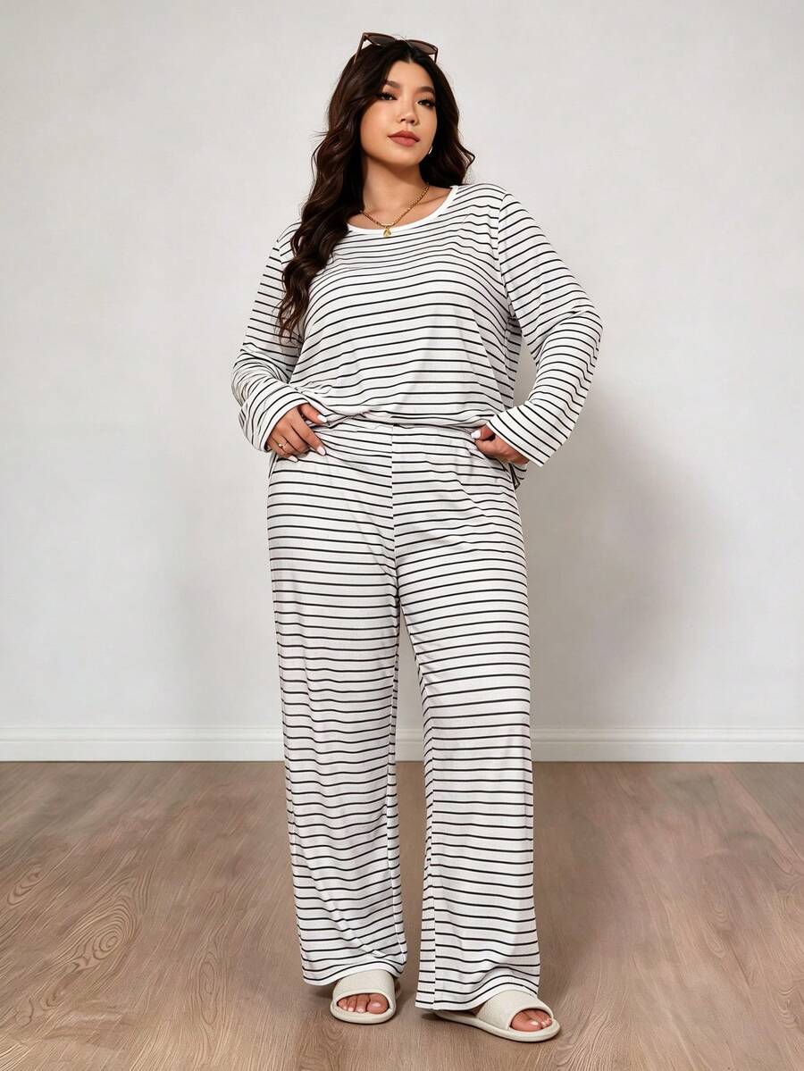 Plus Size Women's Casual Long Sleeve Top And Pants Pajama Set, 2-Piece Set, Suitable For Autumn/Winter Home Wear - White - View 1