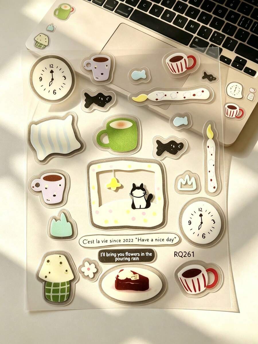 1 Set Decorative Stickers, Phone Stickers, Comfortable Daily Life Illustration Pattern, Casual Home Style Cat Coffee Cake Pattern Stickers, Suitable For Adults, Applicable To Laptop, Camera, Phone Case, Water Cup, Gift Card, Smooth Accessory Surface Decoration
