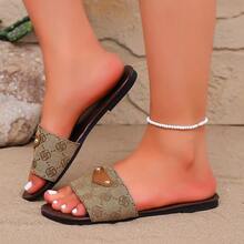 Khaki Vintage Letter Women's Flat One-Strap Slides, Comfortable Soft Sole Single Strap Rivet Decor Sandals, Summer Beach Vacation Casual Outdoor Daily Wear - Khaki - View 5