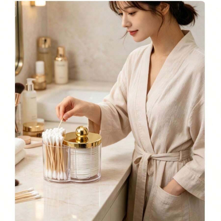1pc 2 In 1 Cotton Pad Holder And Cotton Swab Organizer, Double Compartment Bathroom Vanity Storage Box, Minimalist Cosmetic Makeup Organizer For Countertop, Beauty Accessories Container - A - View 1
