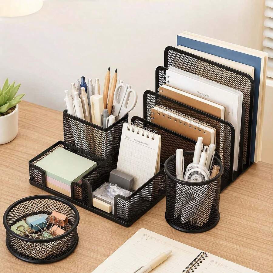Tiered Metal Mesh Desktop File Organizer, Multi-Slot Mail & Letter Sorting Rack, Desktop Document Storage Holder, Space-Saving Office Supplies, Suitable For Home Workstation - Multicolor - View 1