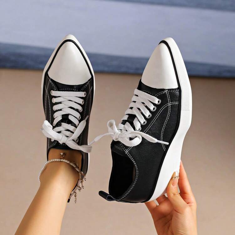 2026 Women's Casual Lace-Up Platform Thick Sole Versatile Fashion Sports Shoes - Black - View 3
