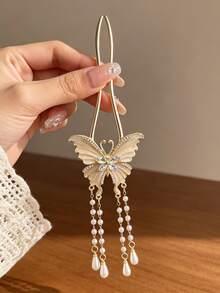 1pc Luxury Rhinestone Butterfly U-Shaped Hair Stick With Pearl Beaded Tassel, Elegant Hair Accessory For Women, Non-Damaging Hair Styling - Multicolor - View 2