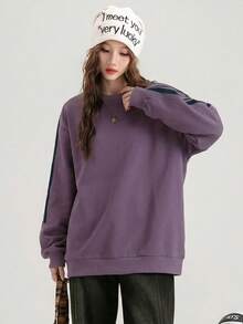JUTU Autumn/Winter Women's Loose Round Neck Side Stripe Contrast Color Long Sleeve Knit Sweatshirt, Sporty Casual Style For Campus, Daily Wear, Commuting And Travel - Purple and Royal Blue - View 8