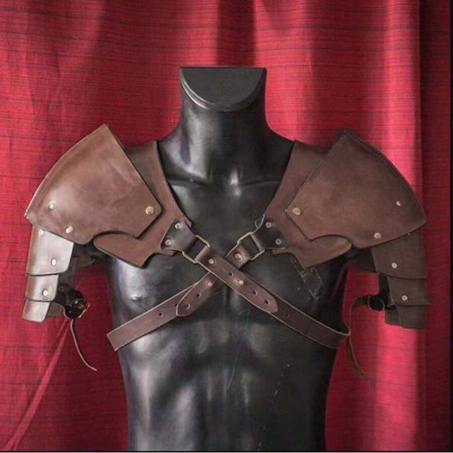 Medieval 4-Layer Shoulder Armor Nordic Viking Brown & Black Vintage Cosplay Knight Warrior Armor Shoulder Guards Stage Performance Halloween Prop - Multicolor - View 1